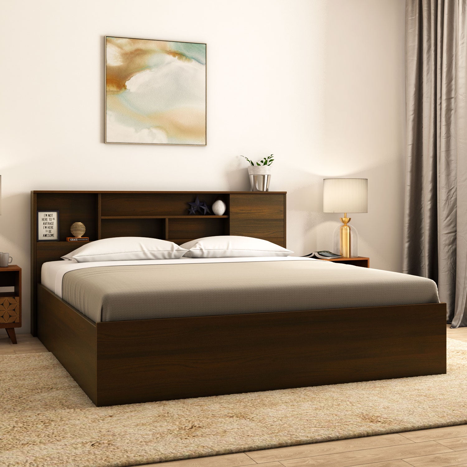 Mozart King Bed With Storage (Walnut) furniture reference